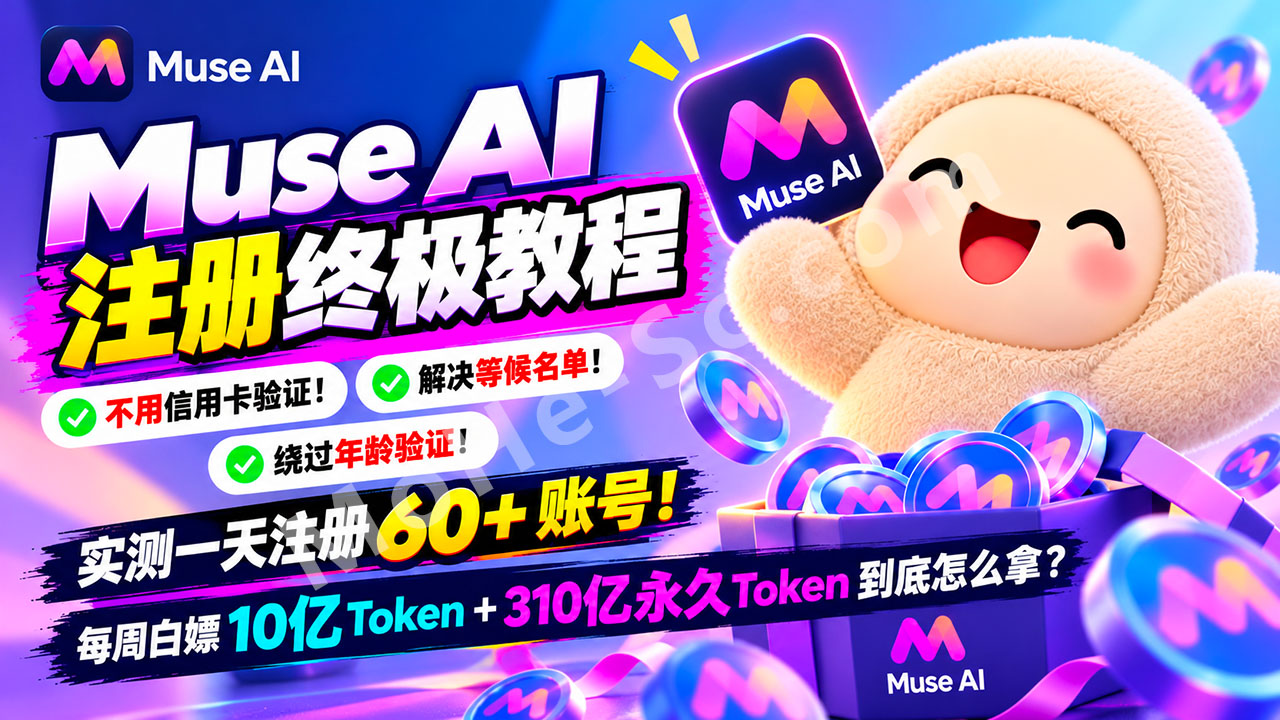 图片[1]-Muse AI注册终极教程：不用信用卡验证！解决等候名单与年龄验证，实测一天注册60个账号！每周白嫖10亿Token＋310亿永久Token到底怎么拿？