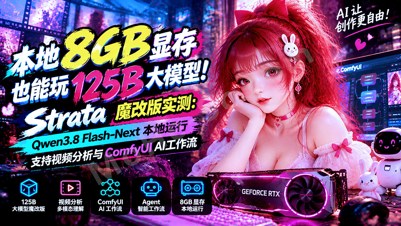 图片[1]-本地8GB显存也能玩125B大模型！Strata魔改版实测：Qwen3.8 Flash-Next本地运行，支持视频分析与ComfyUI AI工作流