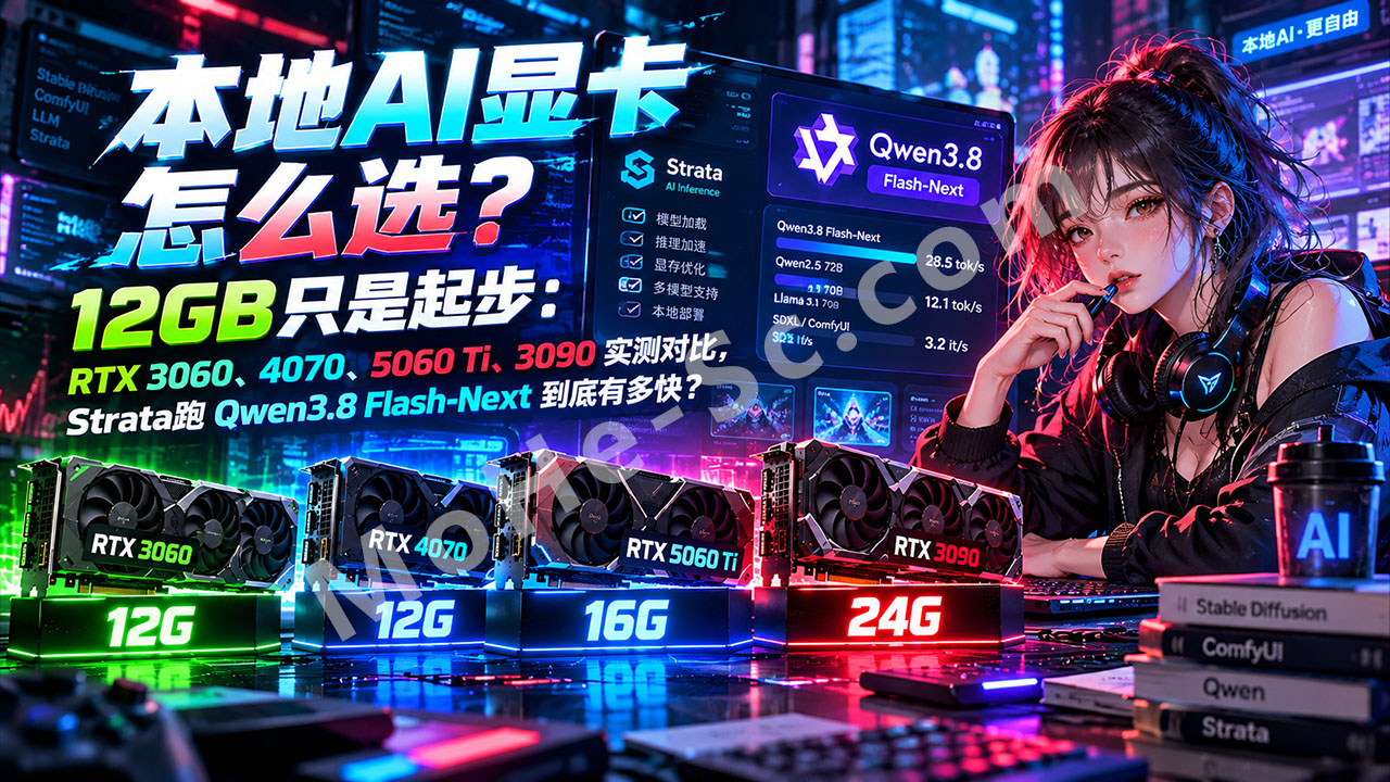 图片[1]-本地AI显卡怎么选？12GB只是起步：RTX 3060、4070、5060 Ti、3090实测对比，Strata跑Qwen3.8 Flash-Next到底有多快？