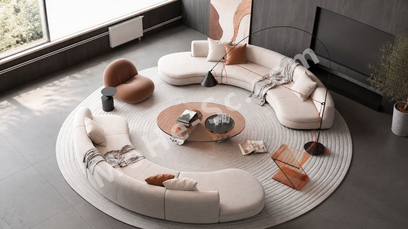 现代布艺弧形沙发茶几组合 3dsMax模型下载 Modern Fabric Curved Sofa and Coffee Table Set – 3ds Max Model Download